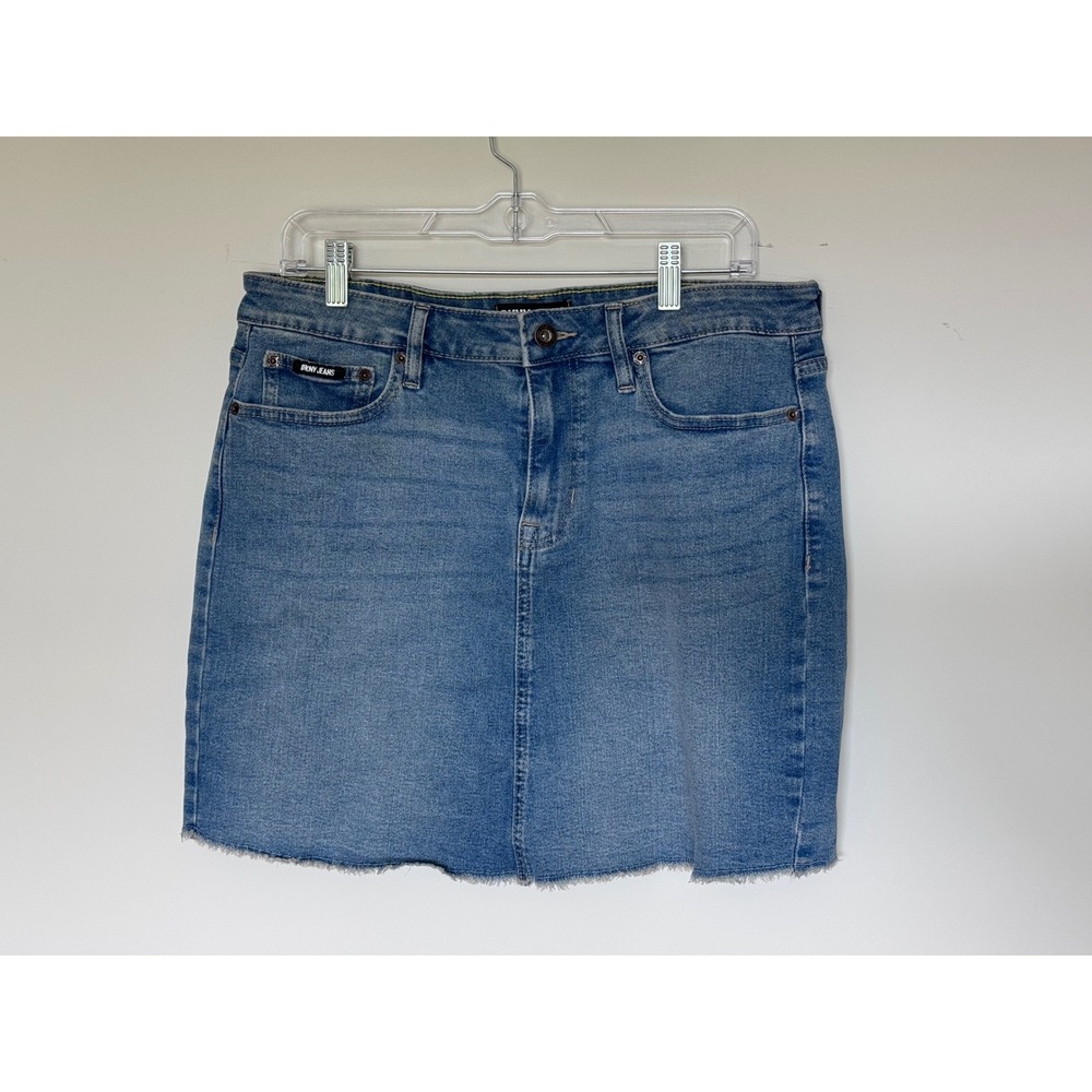 DKNY Jeans Womens Size 10 Medium Wash Denim Mini Skirt Raw Frayed Hem Blue